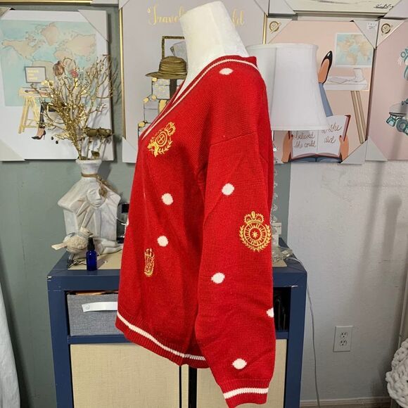 Vintage JH COLLECTIBLES red polka dot 100% wool sweater sz L - Picture 3 of 7